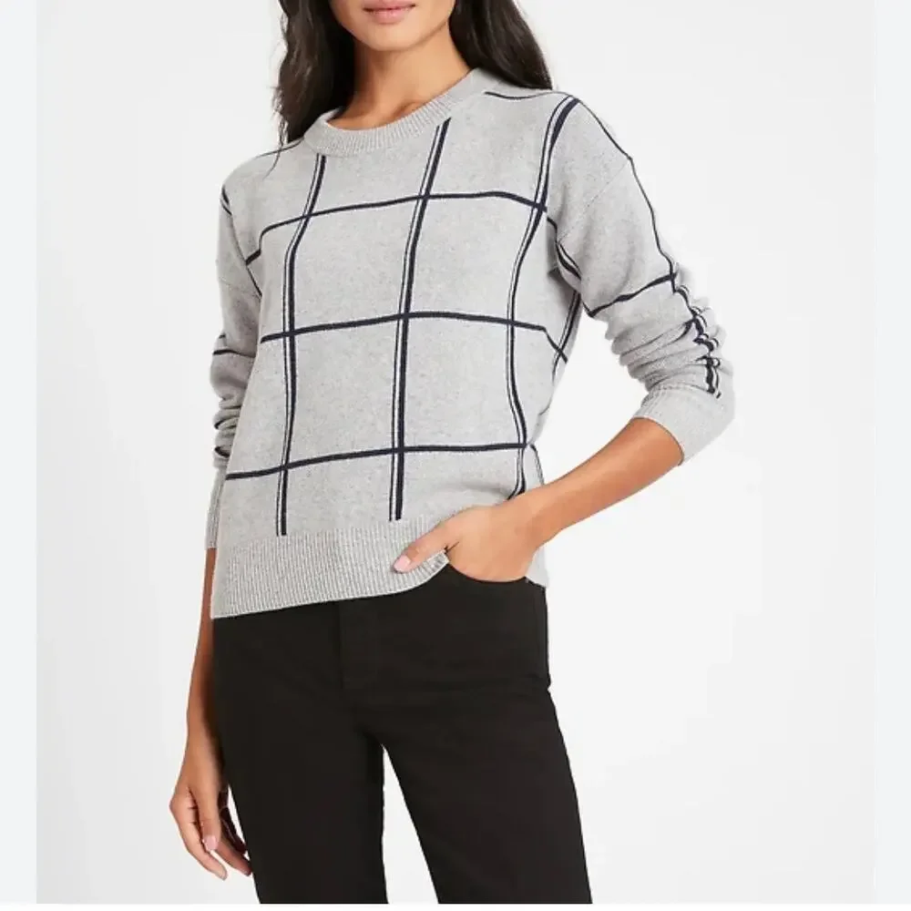 Banana Republic Wool Cashmere Sweater Crewneck Gray Navy Checked Plaid Medium